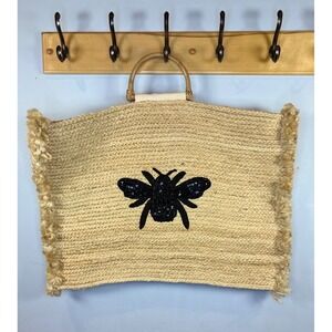 Muche & Muchette Jute Bee Beaded Tote Bag Bamboo Handle Natural Tan